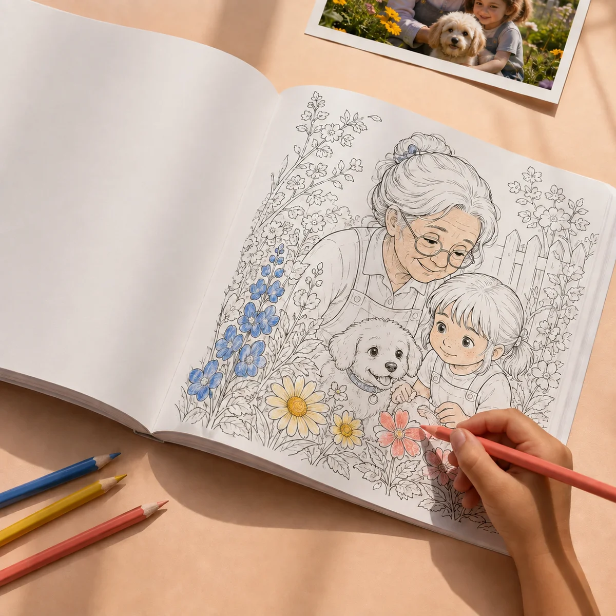 Ilustração de um livro para colorir aberto, com desenhos de família e lápis de cor