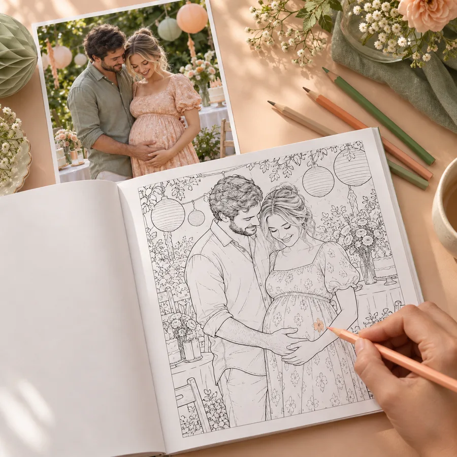 Uma fotografia de um chá de bebé ao lado de um livro para colorir aberto com o casal à espera do bebé