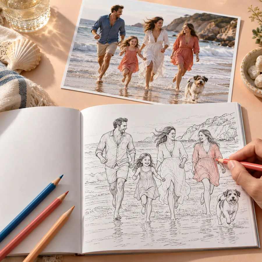 Uma fotografia de família na praia ao lado de um livro para colorir aberto com a mesma família e o cão