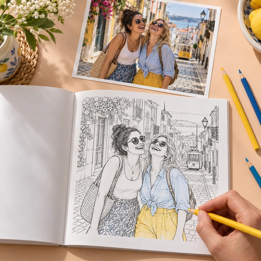 Uma fotografia de uma viagem a Lisboa ao lado de um livro para colorir aberto com as mesmas duas amigas