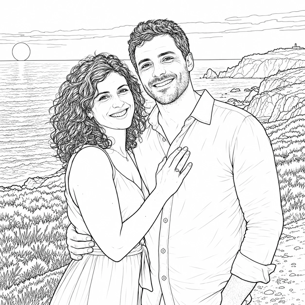 O mesmo casal e a paisagem costeira numa página para colorir