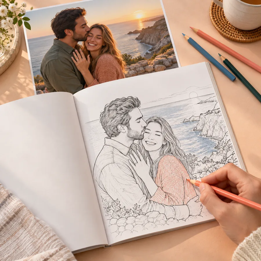 Uma fotografia de noivado ao lado de um livro para colorir aberto com o mesmo casal