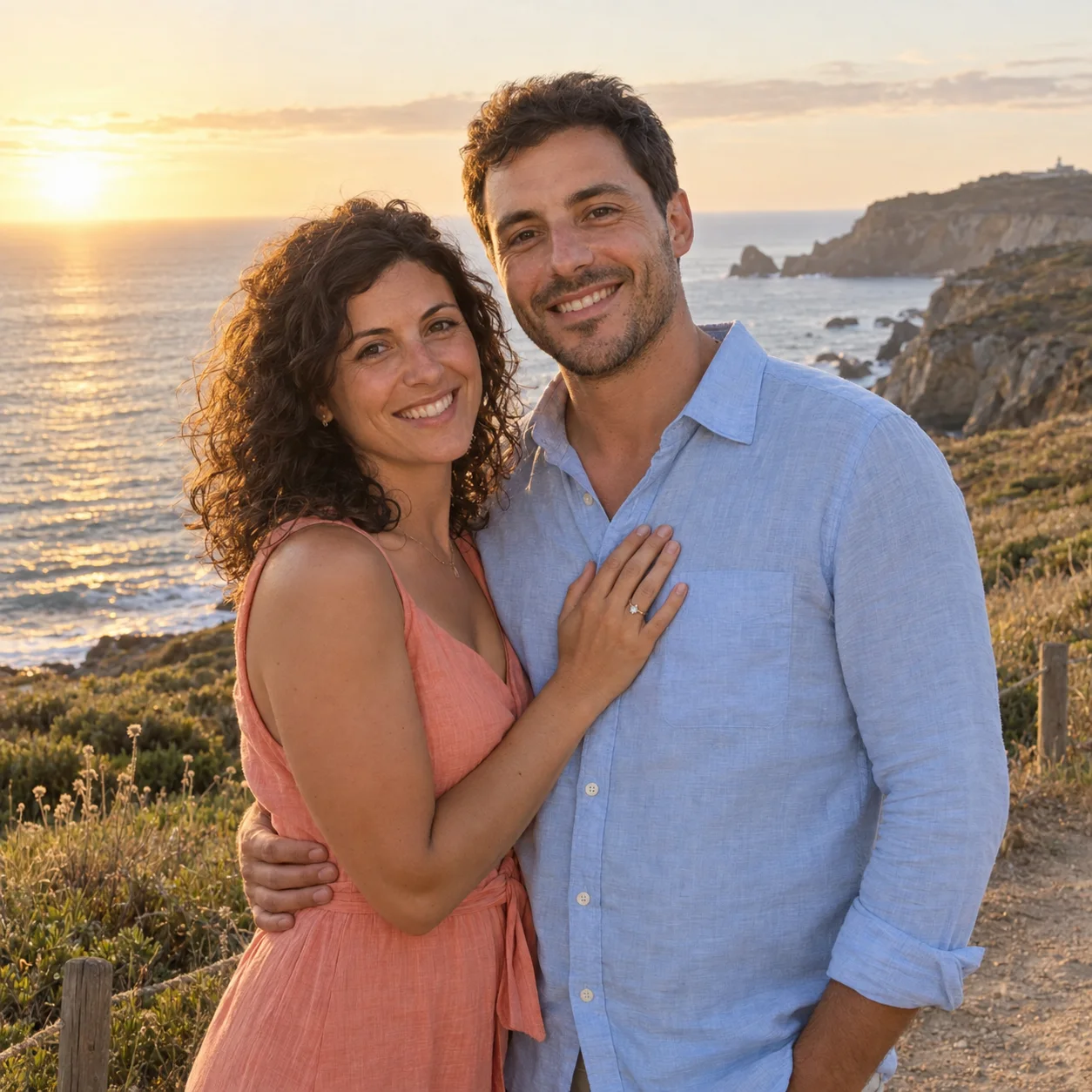 Um casal de noivos a sorrir junto ao mar