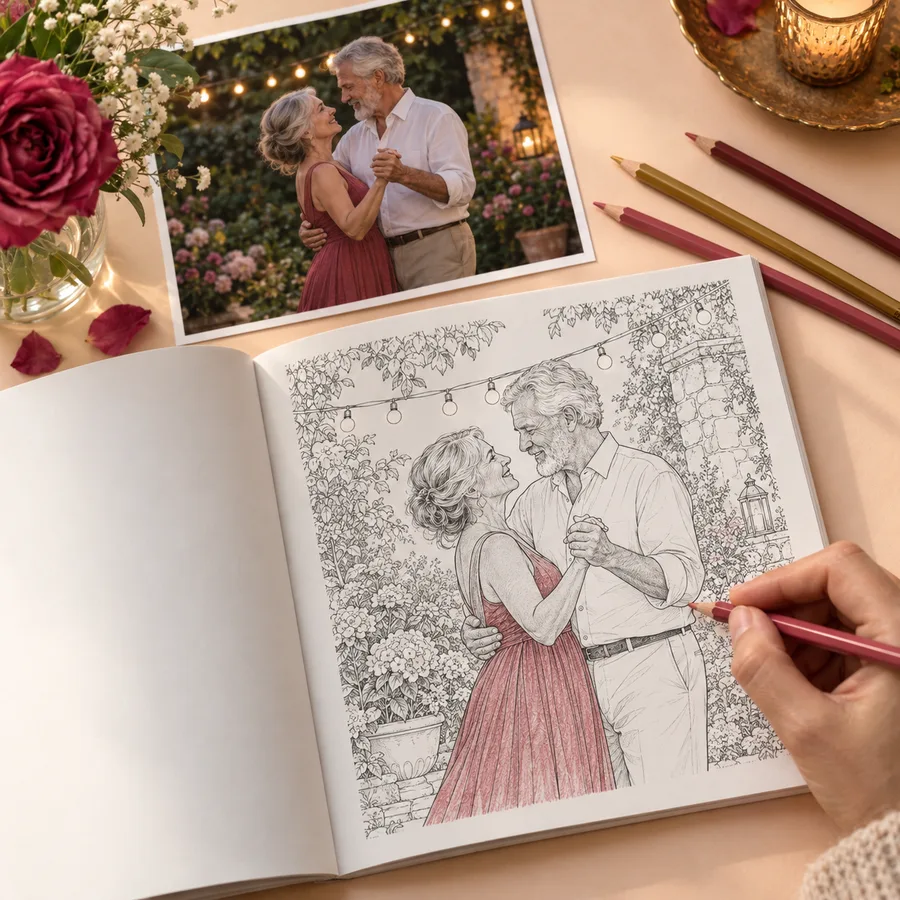 Uma fotografia de um casal mais velho a dançar ao lado de um livro para colorir aberto com o mesmo momento